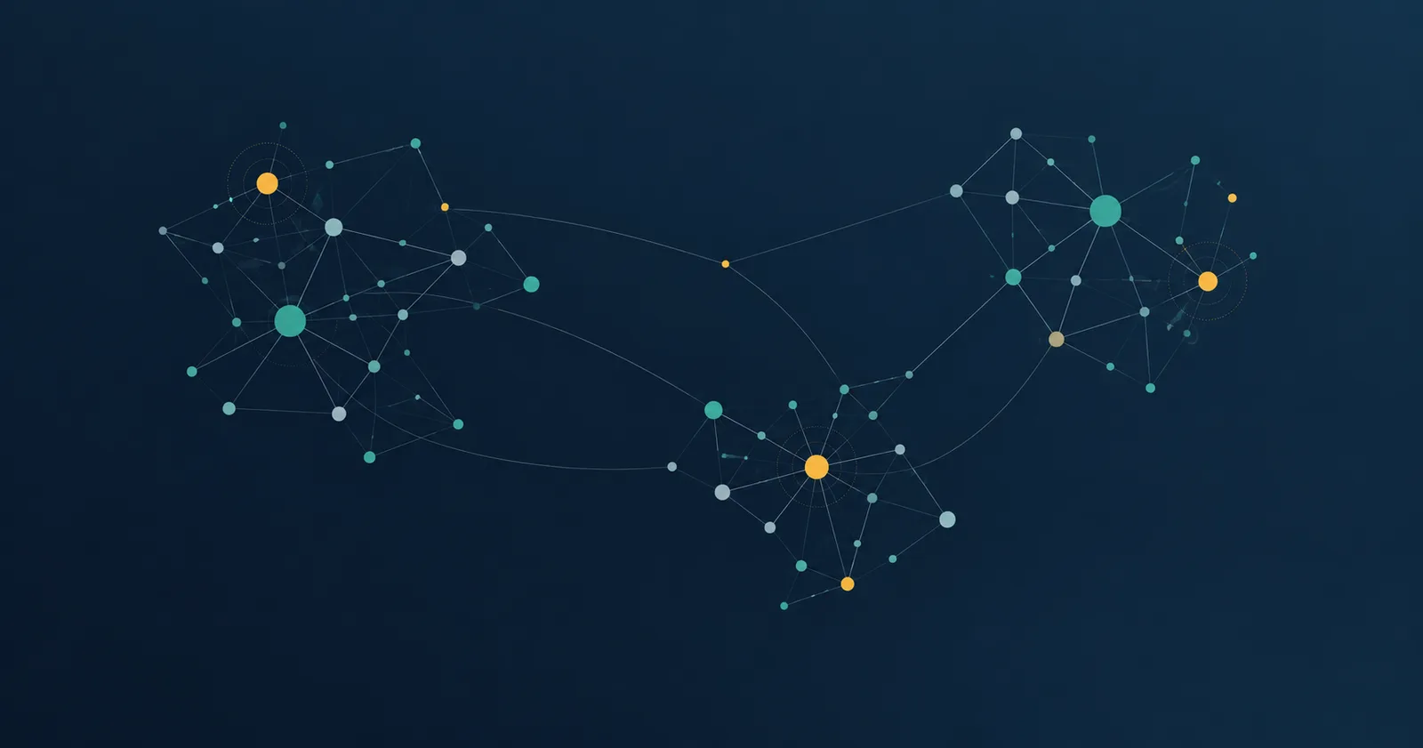 Abstract illustration: clusters of dots of varying size connected by thin lines, denser in some places.