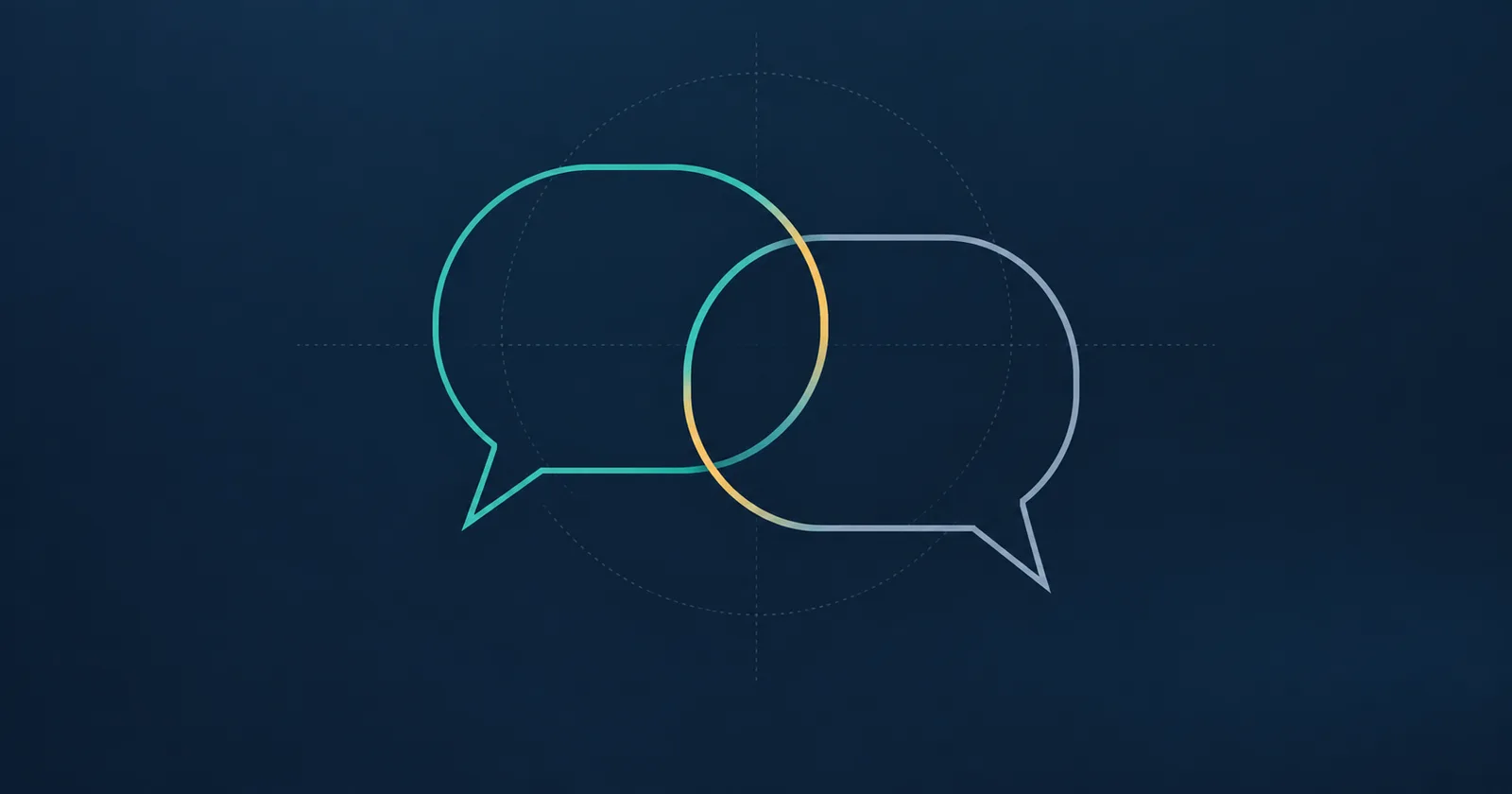 Abstract illustration: two speech bubble outlines overlapping, gold along the shared edge.