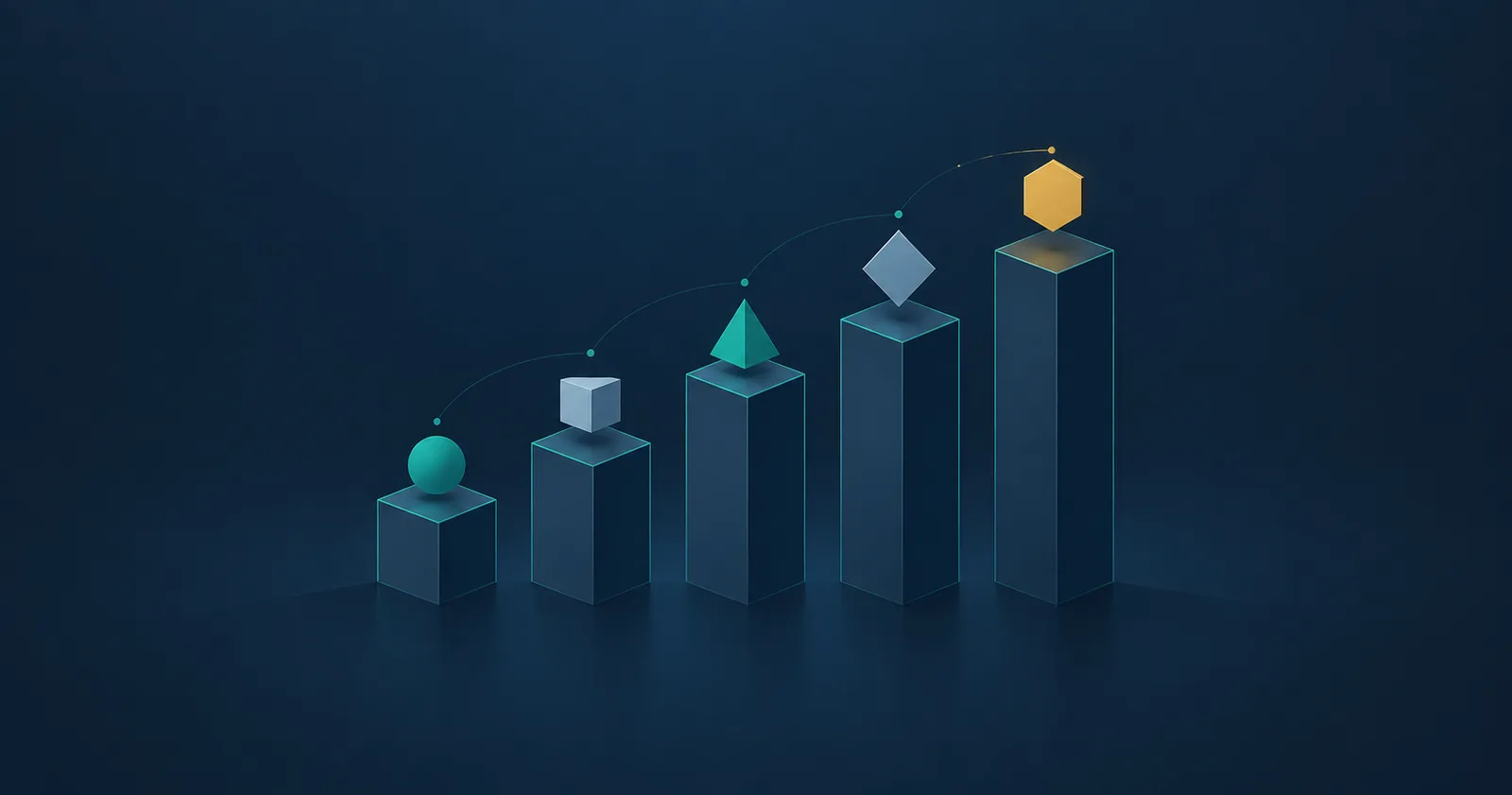 Abstract illustration: five columns of increasing height, each topped with a different geometric solid.