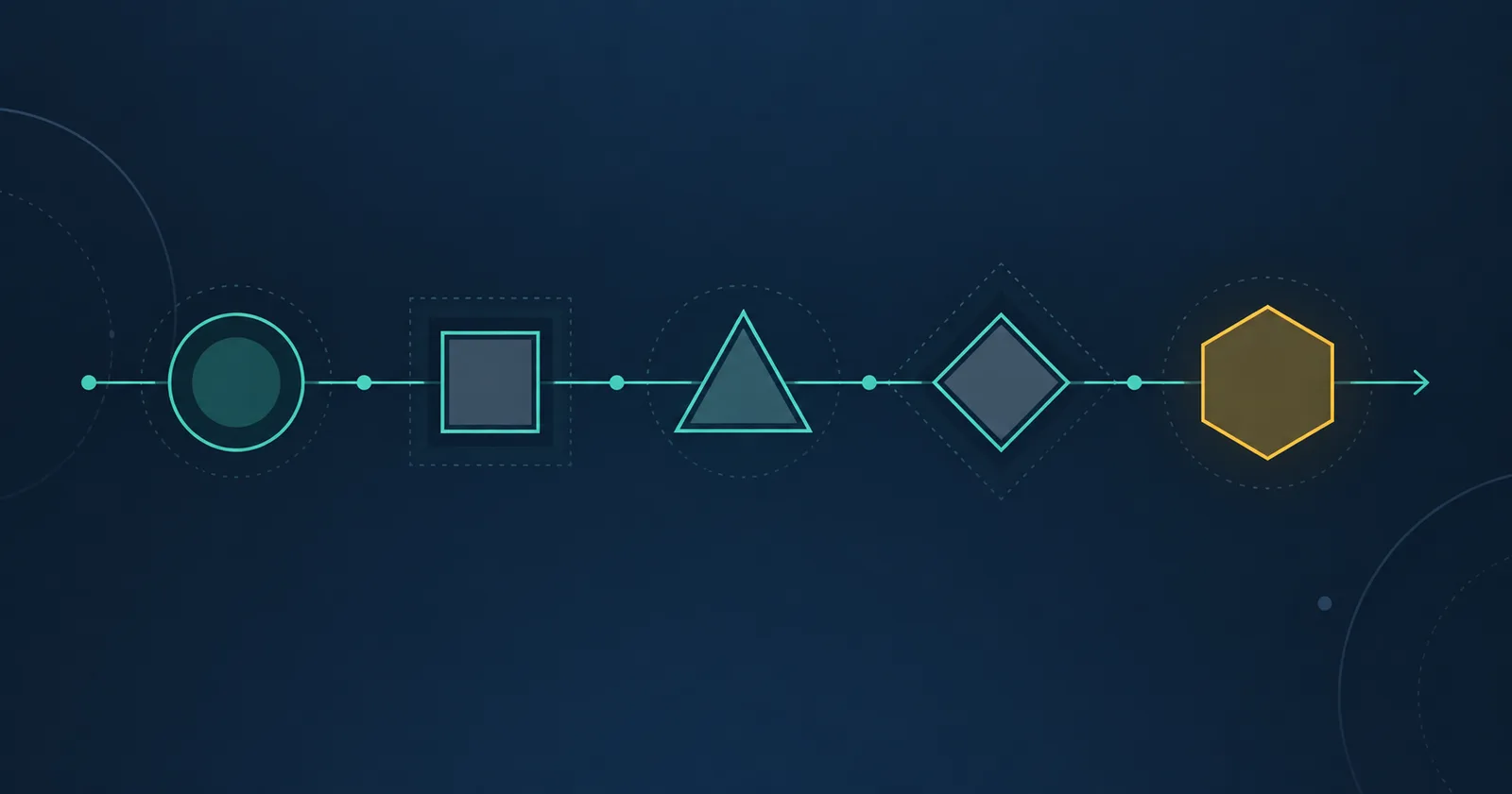 Abstract illustration: five geometric shapes connected along a horizontal line, one after another.