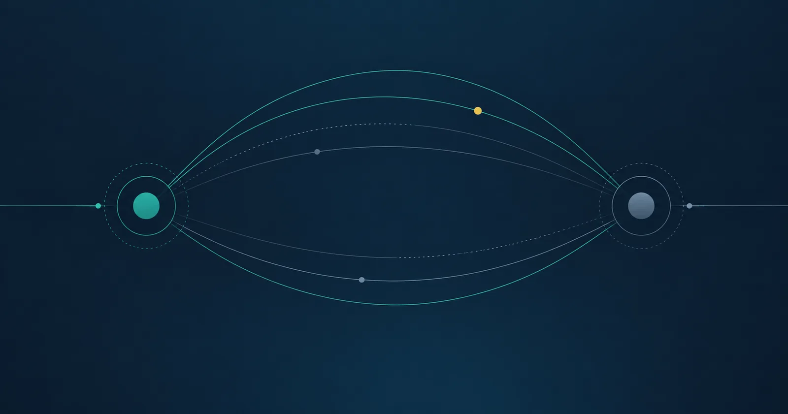 Abstract illustration: two circles joined by a series of curved arcs arching between them.